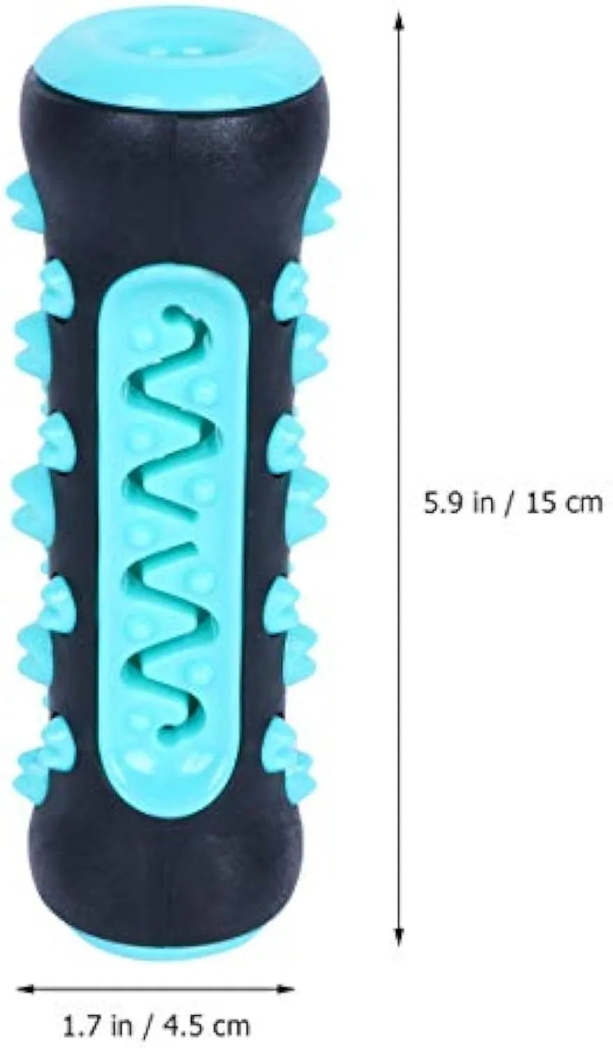 Natural rubber dog toothbrush chew toy in one of four colours, measuring 15cm long