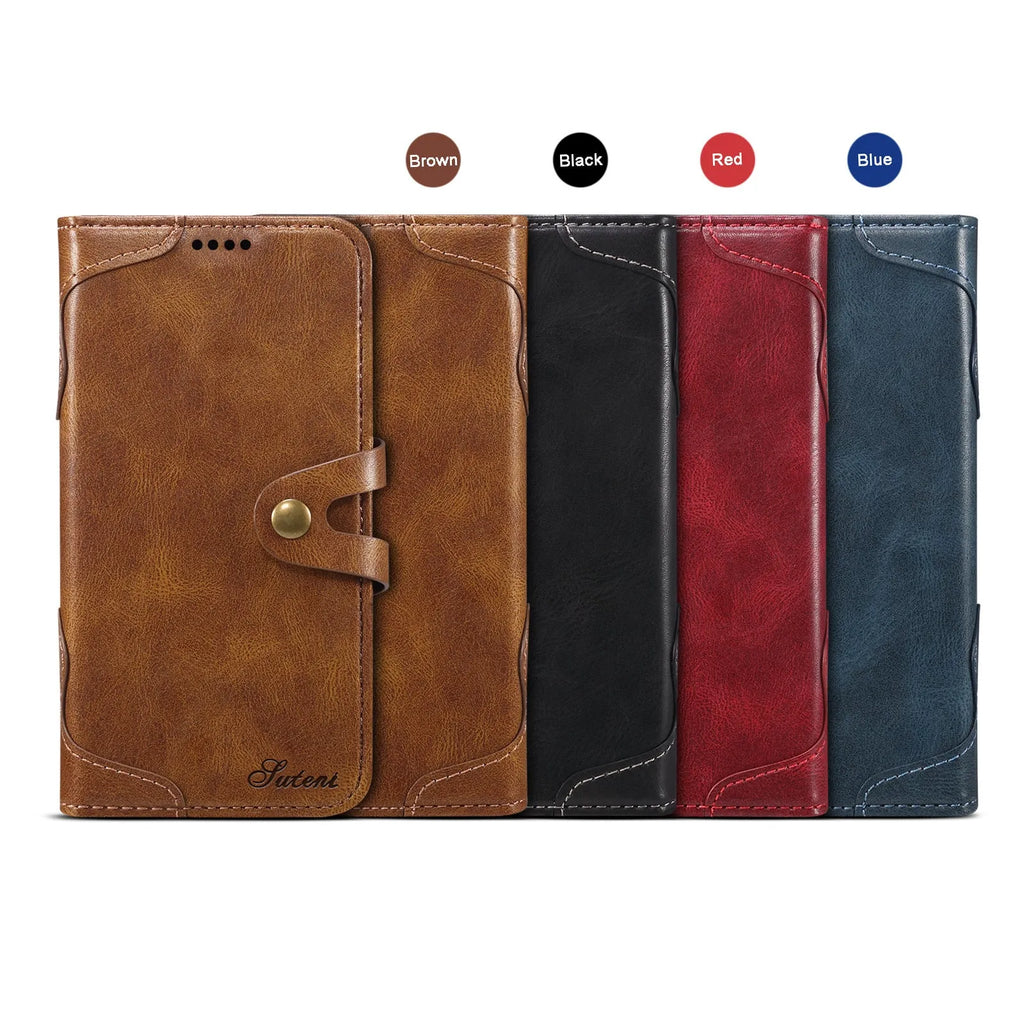 PU flip wallet phone case for iPhone 12 and 13 models in black, brown, red or blue
