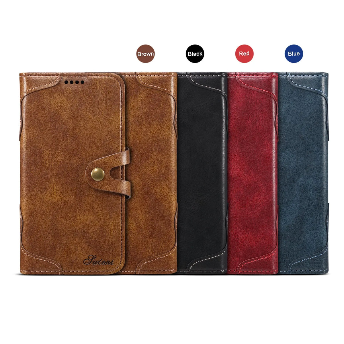 PU flip wallet phone case for iPhone 12 and 13 models in black, brown, red or blue