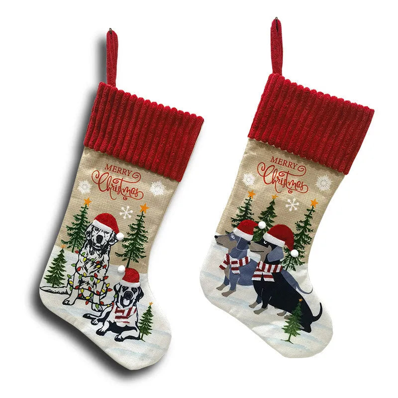 Cloth fabric Christmas stocking decoration with pendant charm measuring 46 by 28 centimetres