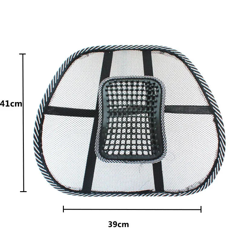 Black car lumbar support pillow with steel wire construction measuring 41x39cm
