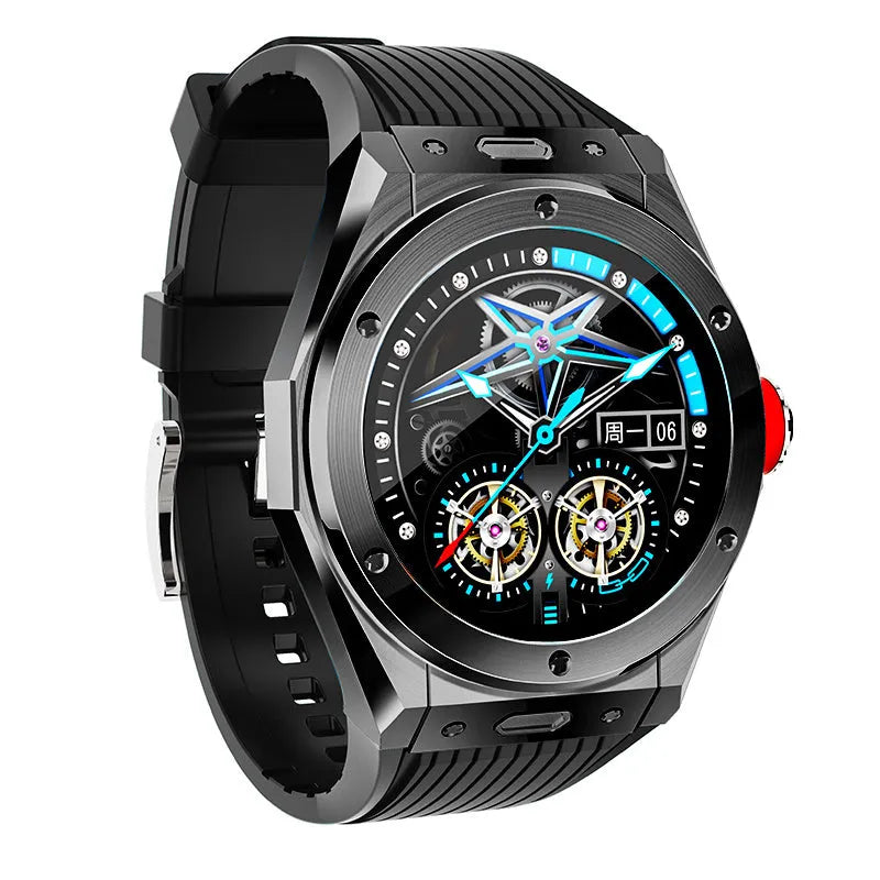 MV58 black smart watch with silicone strap showing Bluetooth calling and health monitoring screen