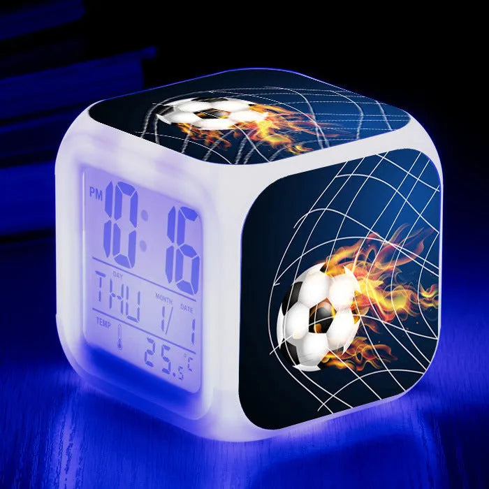 Square football pattern plastic alarm clock with cartoon design for children