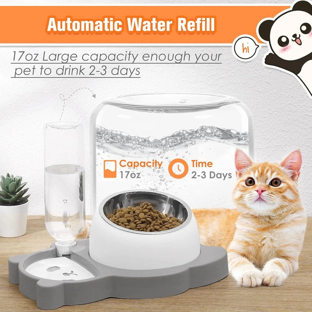 Elevated pet bowl set with panda design, stainless steel dish, and automatic water dispenser bottle