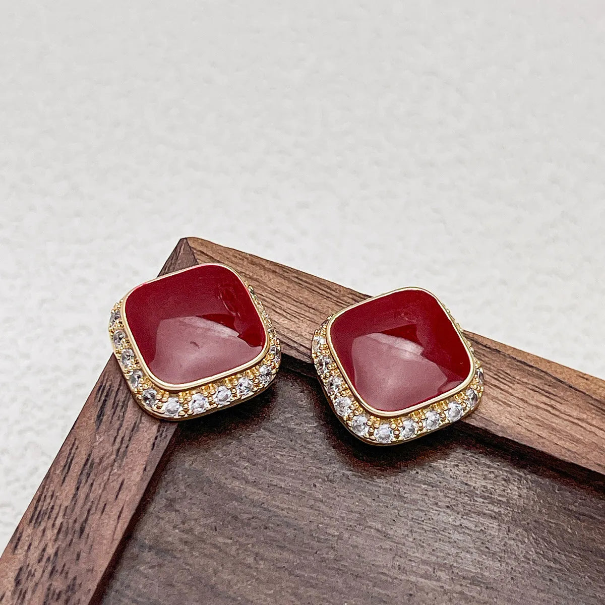 Red square geometric alloy earrings with inlaid design, retro style women's jewellery