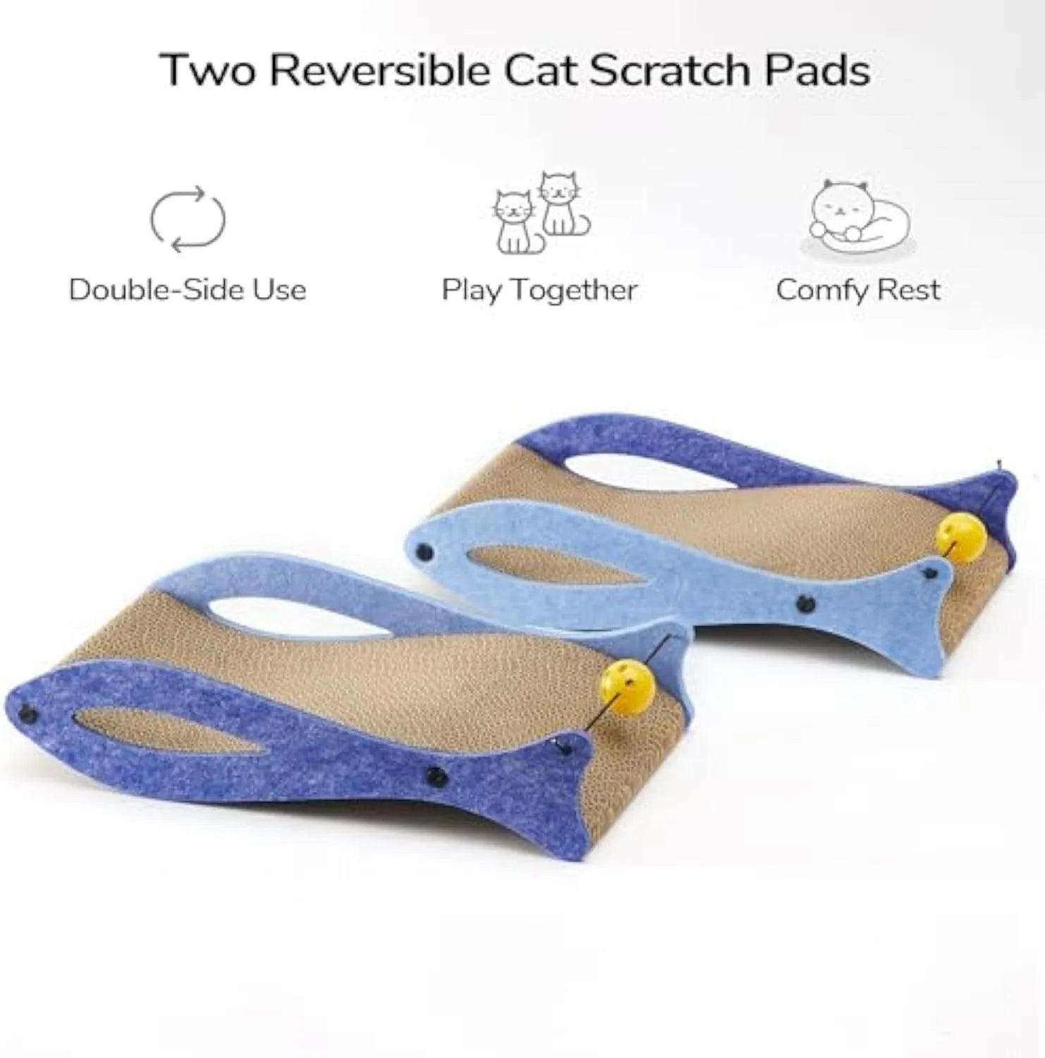 Blue fish-shaped cat scratcher with bell toy on elastic cord, corrugated cardboard construction