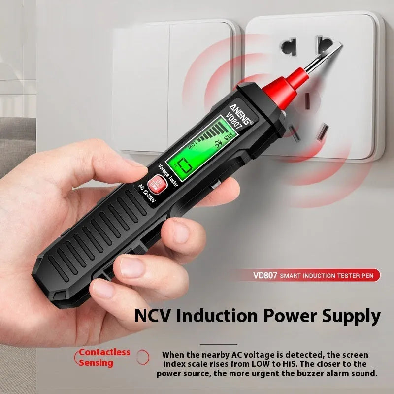 Black and red digital voltage testing pen with LCD display for electrical measurement