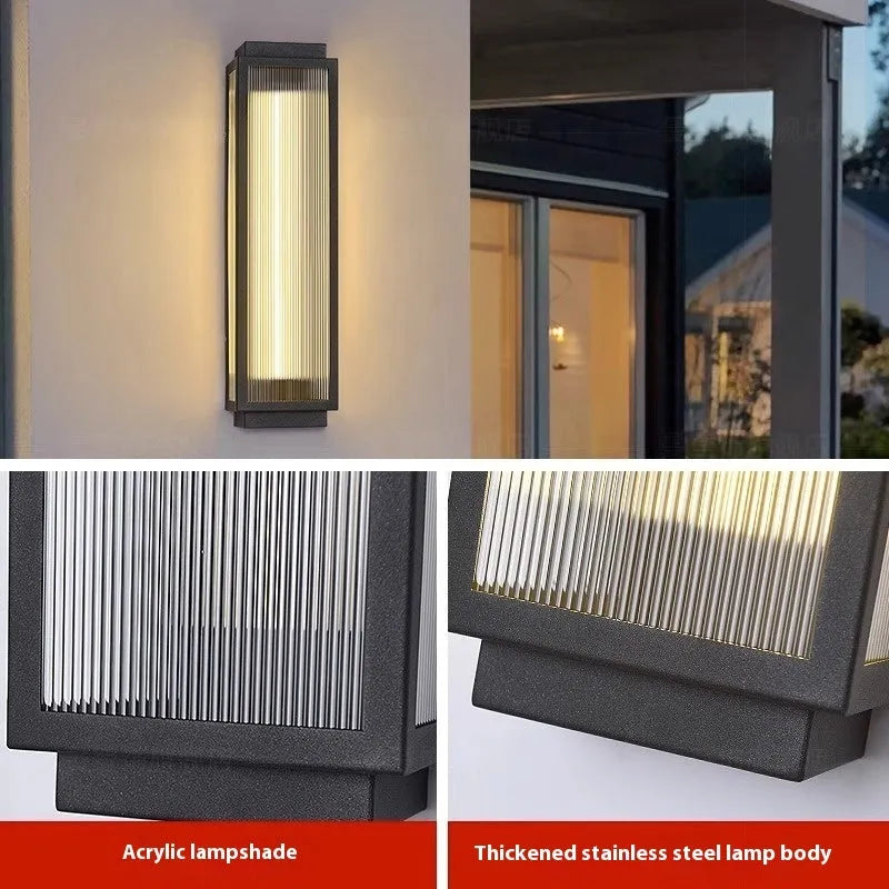 Stainless steel outdoor wall lamp for garden or courtyard mounting.