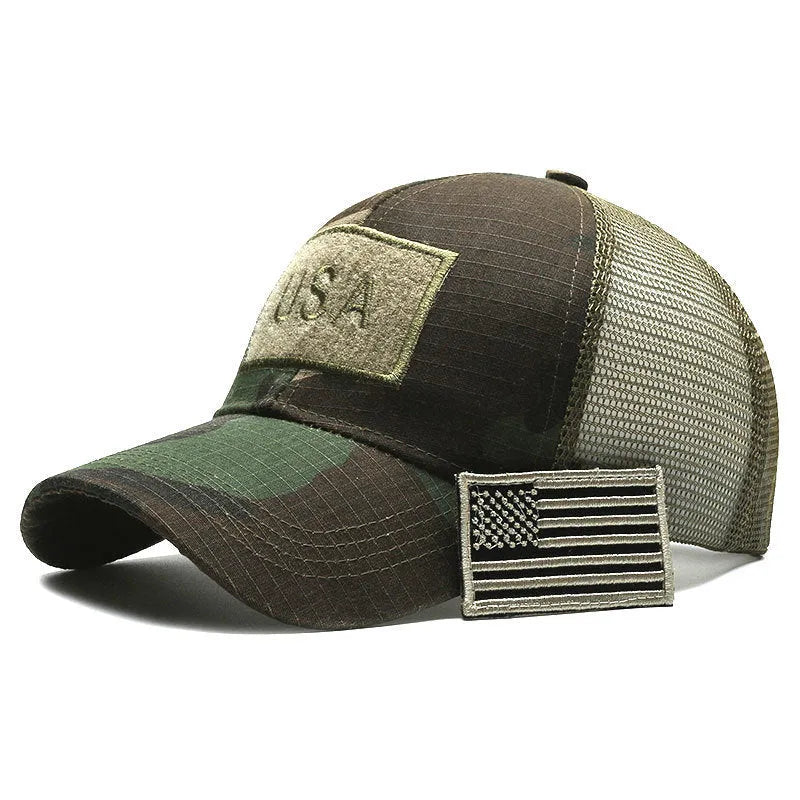 Tactical baseball cap with adjustable velcro strap in a camouflage or digital grid pattern.