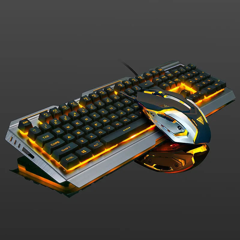 Luminous wired gaming keyboard and mouse set with yellow or rainbow backlight for PC and laptop