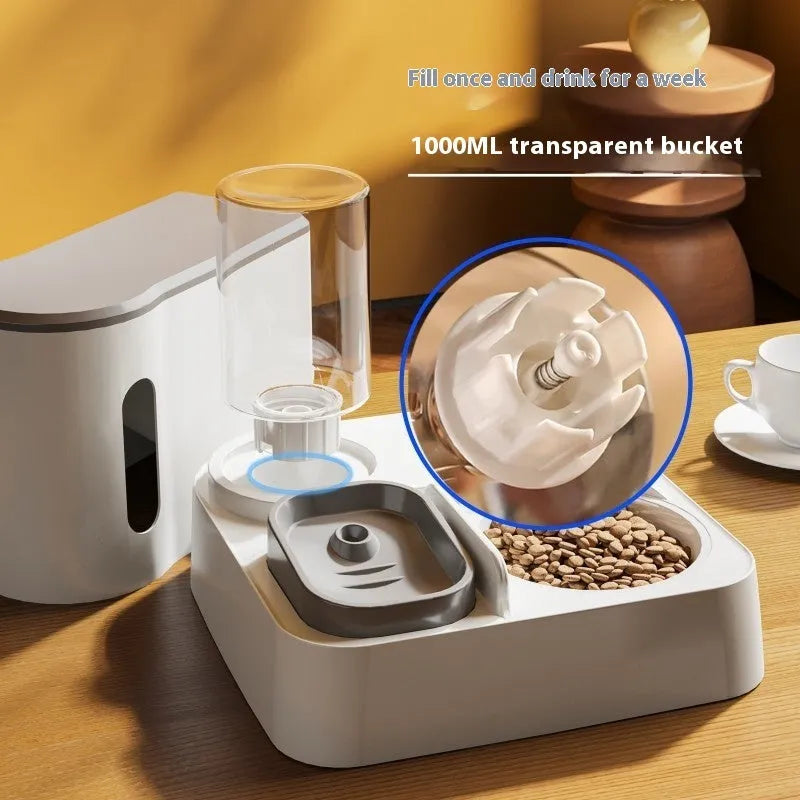 Cat automatic pet feeder water dispenser with integrated double bowl system in grey colour
