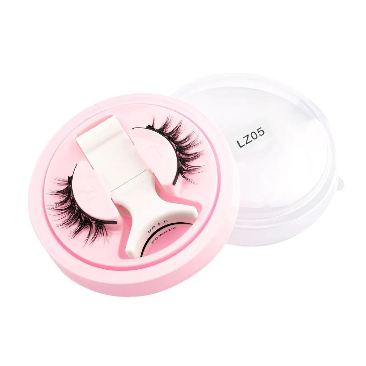 Glue-free reusable waterproof false eyelashes in thick artificial fibre, showing multiple style options.