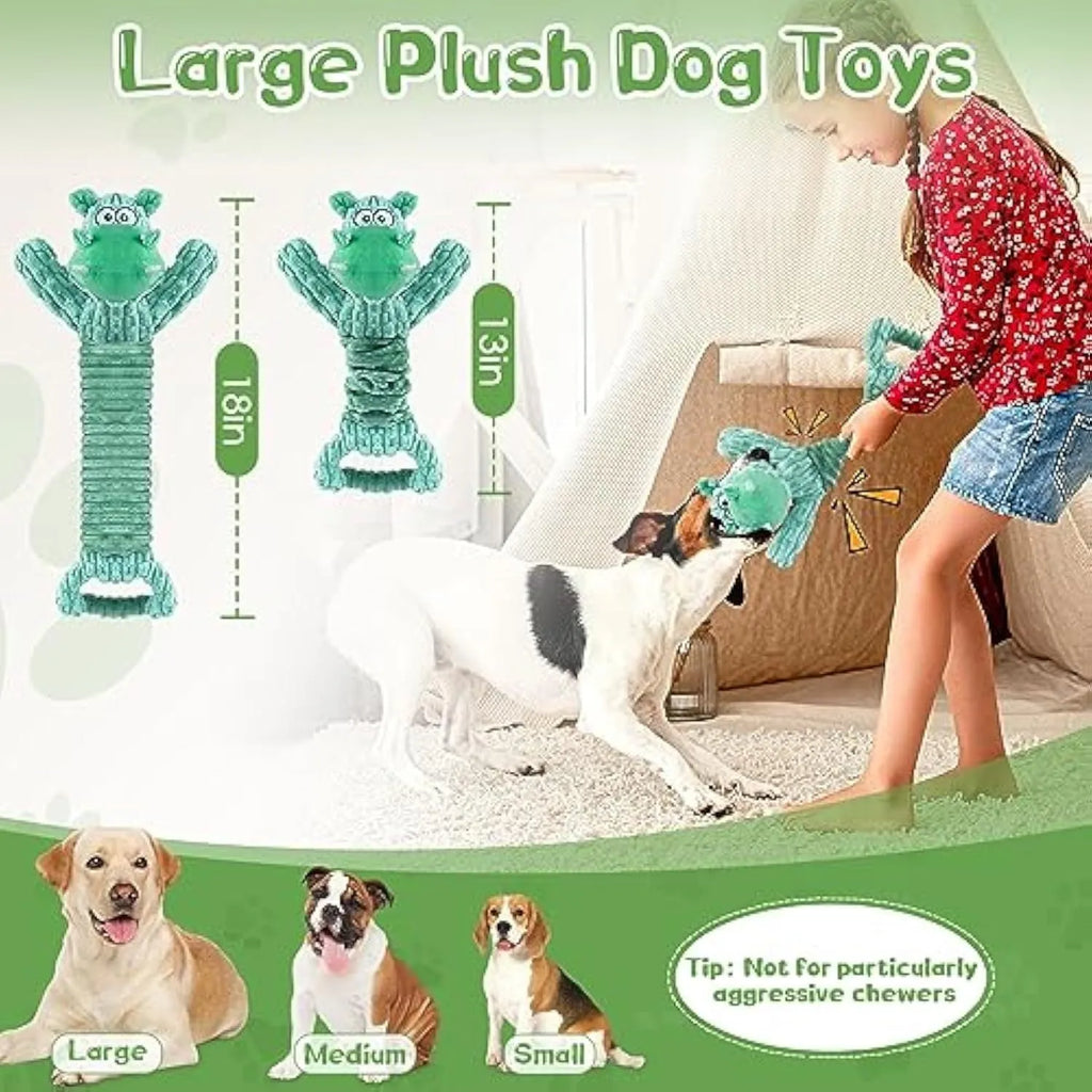 Large squeaky plush dog toy with telescopic body and handle for tug of war play
