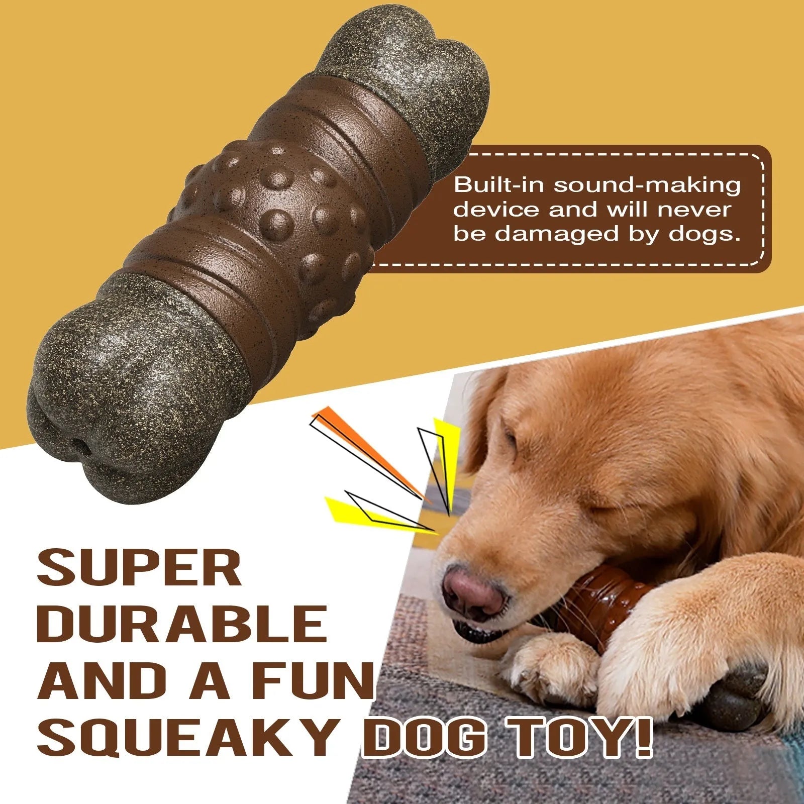 Wood colour plastic dog dental chew toy with textured molar rod design for plaque reduction