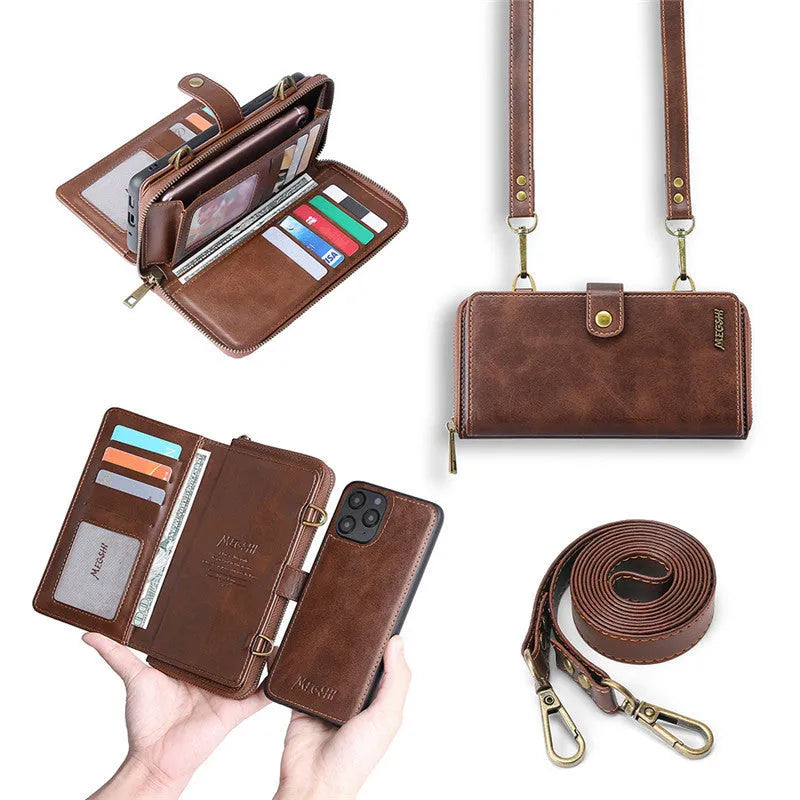 Detachable wallet phone case showing magnetic backpack separated from PC flip cover for Samsung and iPhone