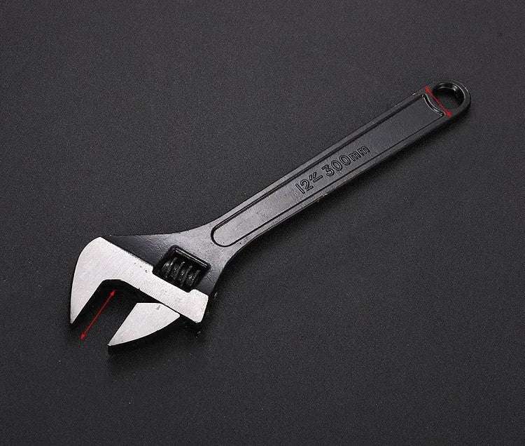 Blackened high carbon steel adjustable open-end wrench showing adjustable jaw mechanism and ergonomic handle