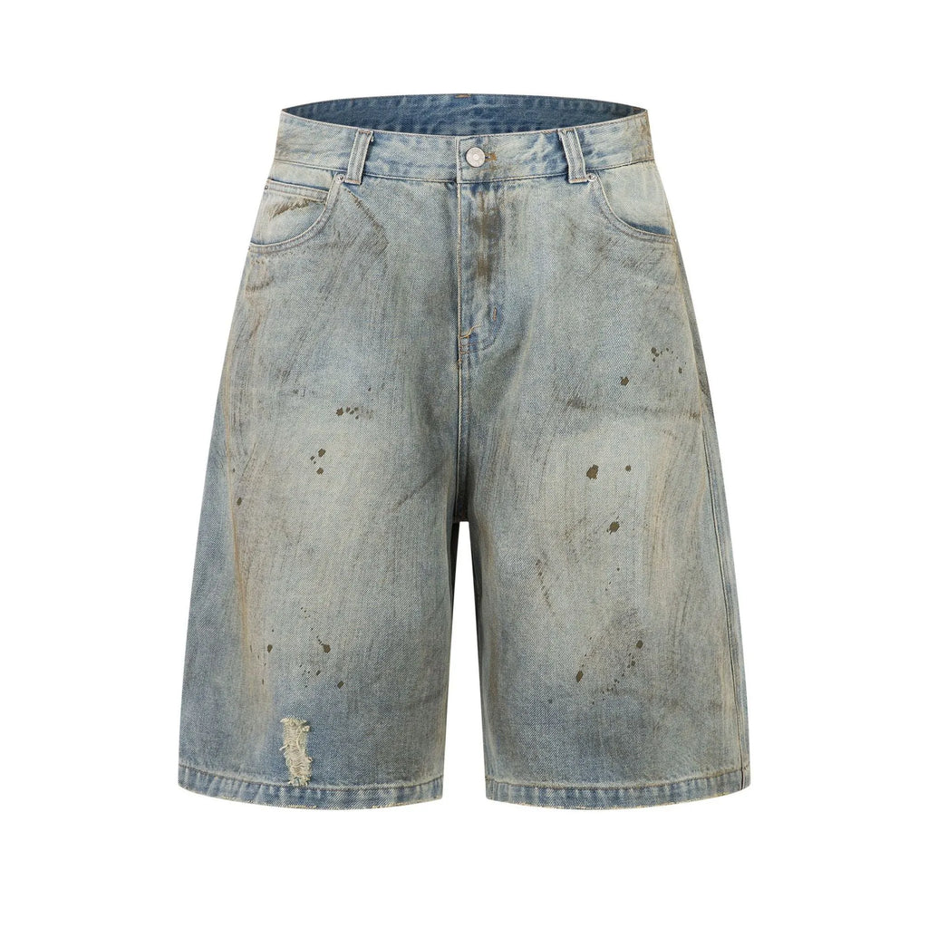 Blue cropped washed denim pants with a straight leg and zip fly, shown laid flat.