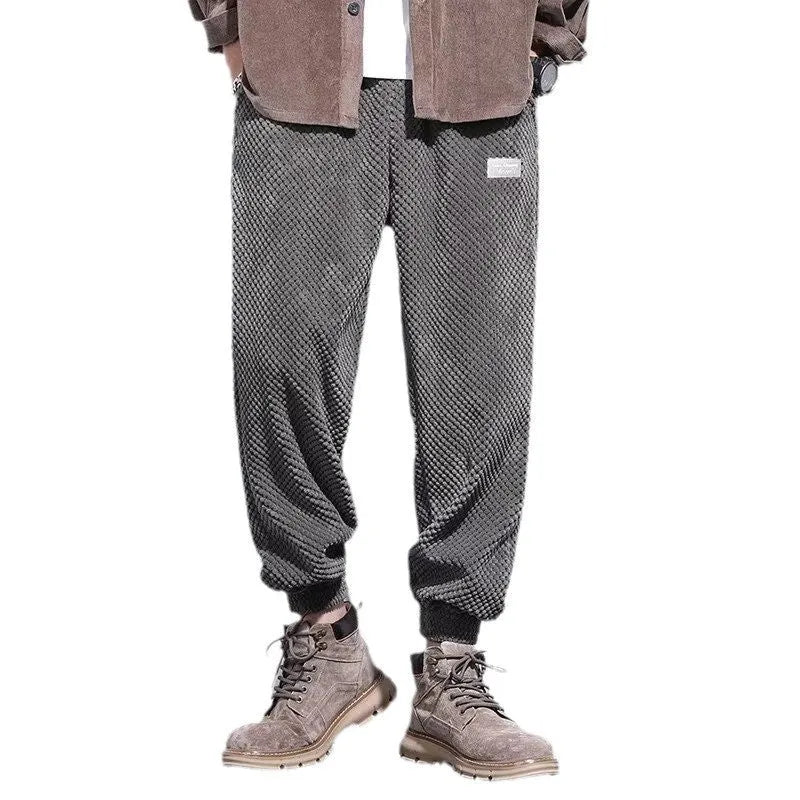 Men's grey casual sweatpants with ankle tie design and straight leg cut