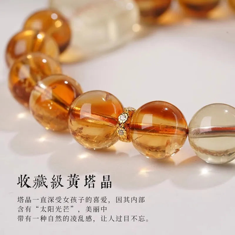Women's ethnic carved citrine bracelet with 10mm geometric crystal beads