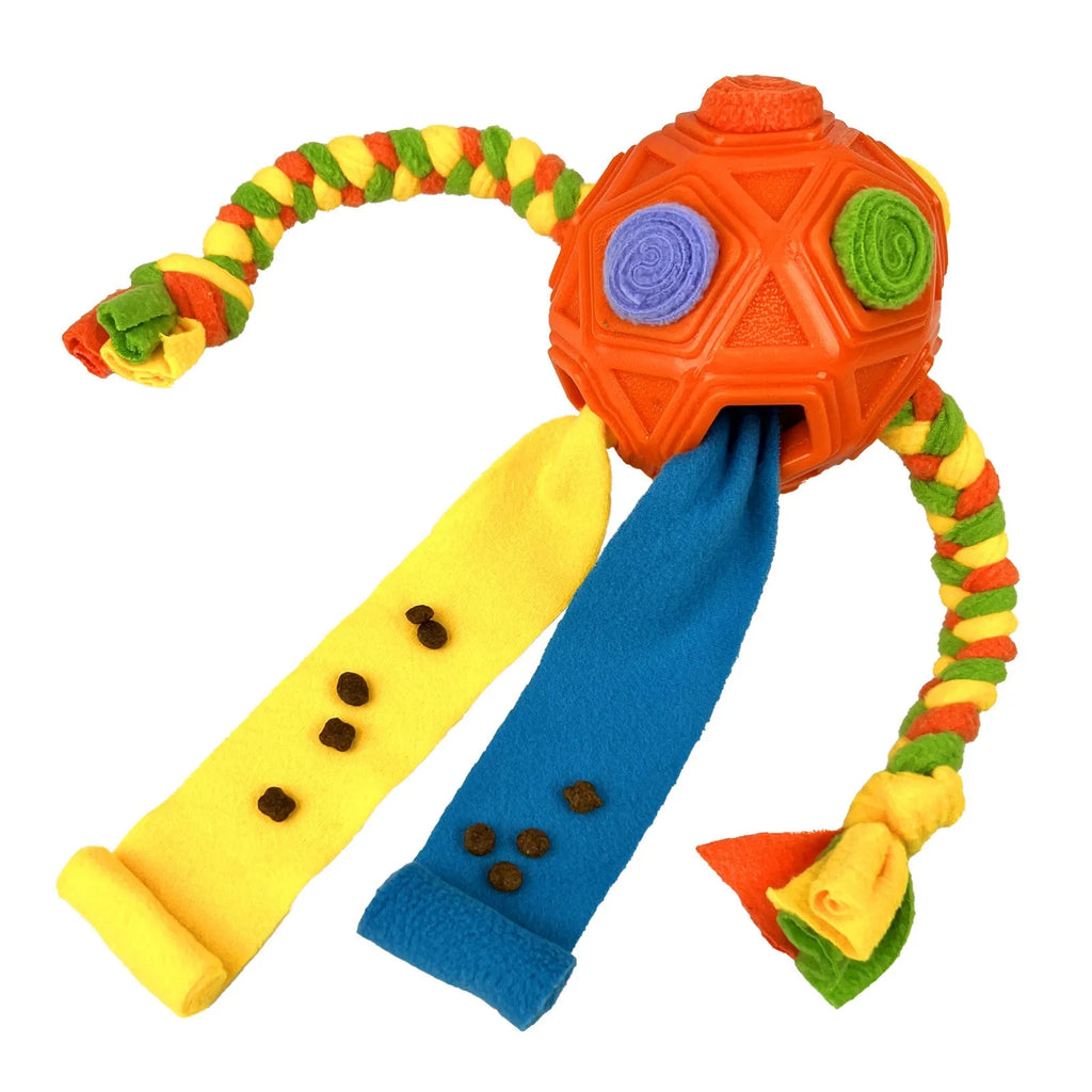 Pet Sniffing Ball dog puzzle toy in blue, green, orange, pink, purple, red, redgreen, or yellow colours