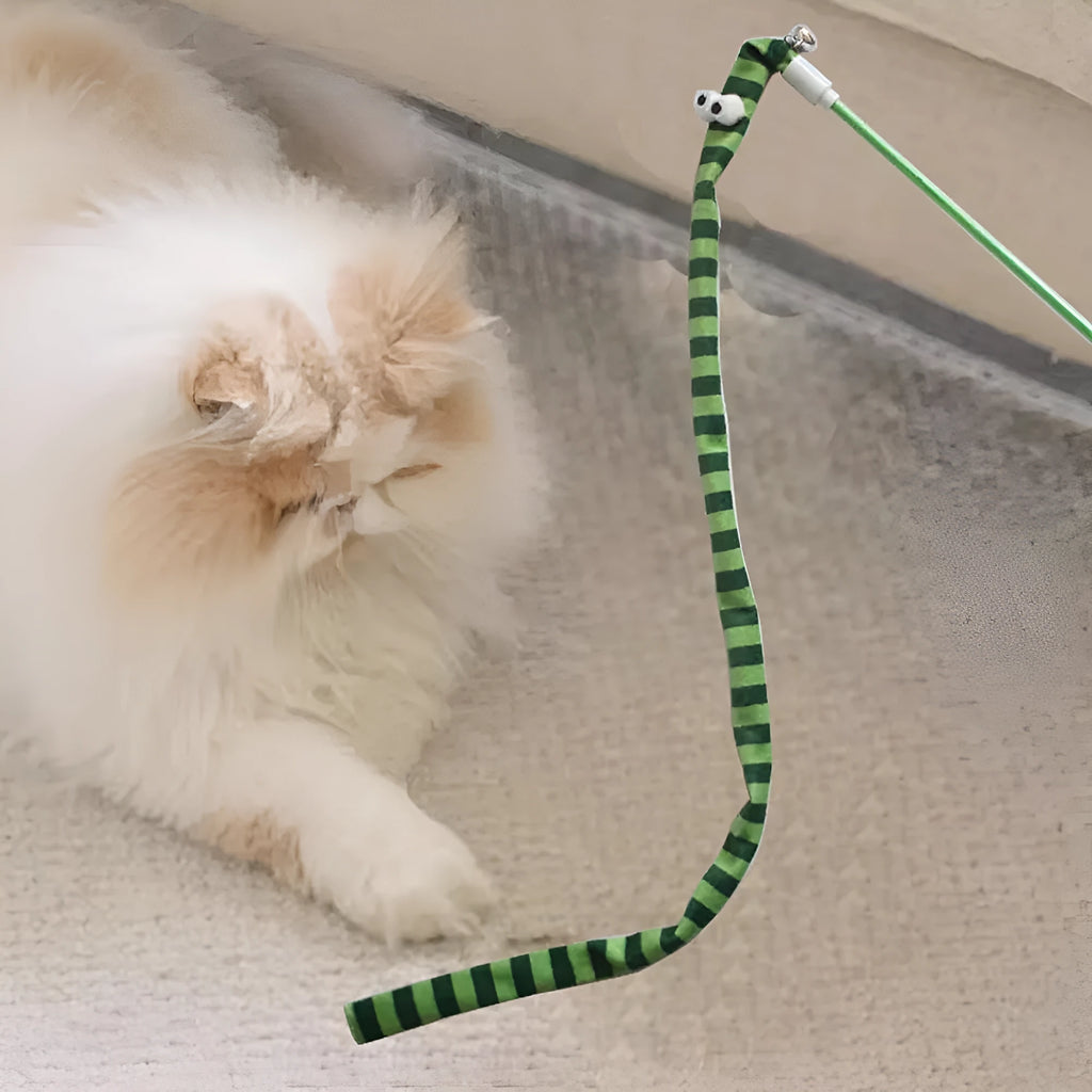 Cat wand toy with long plush strip teaser in green, orange, or rainbow colours.