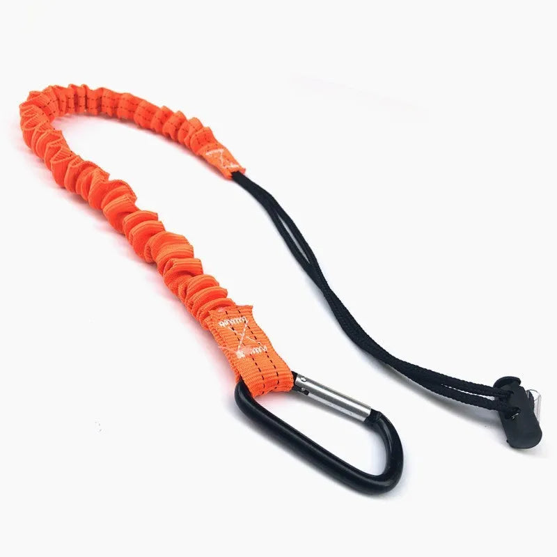 Orange coloured 90cm long elastic safety rope for connecting fishing rod sections to prevent separation.