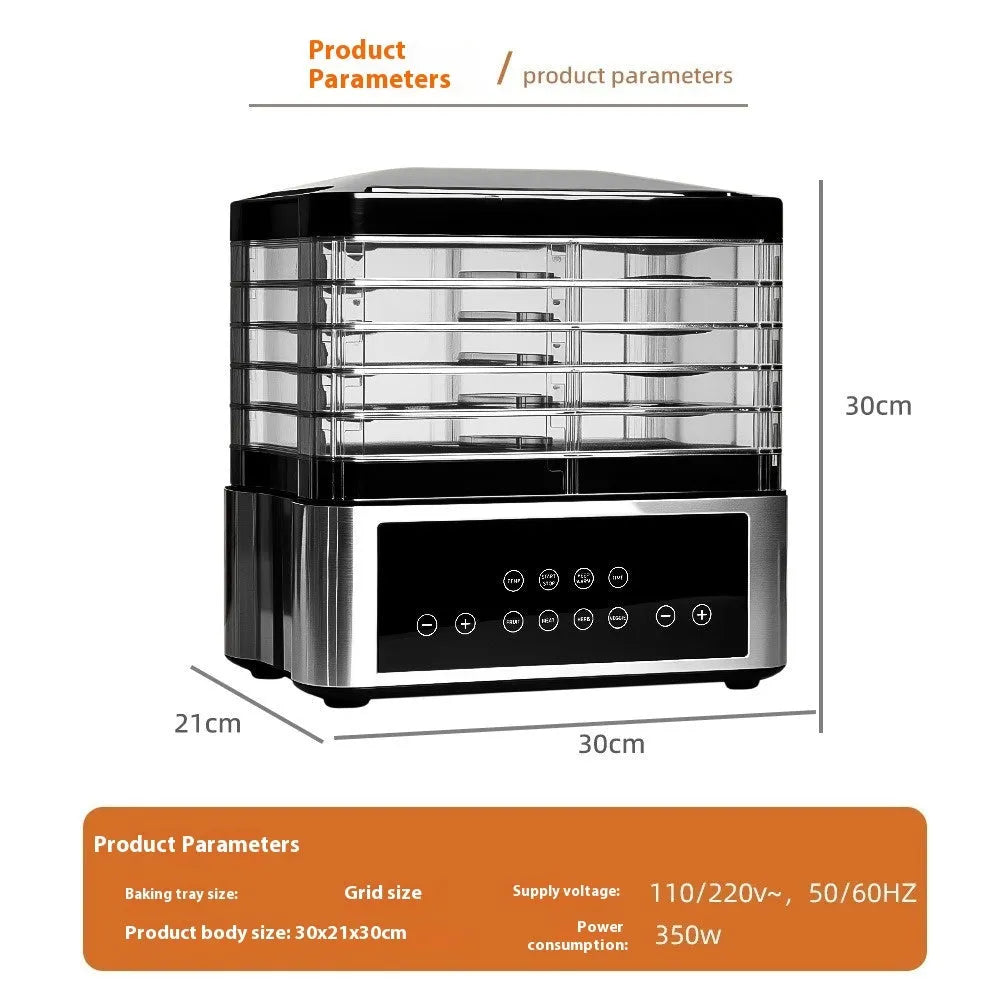 Silver stainless steel household food dehydrator with 14-litre capacity on a kitchen counter.