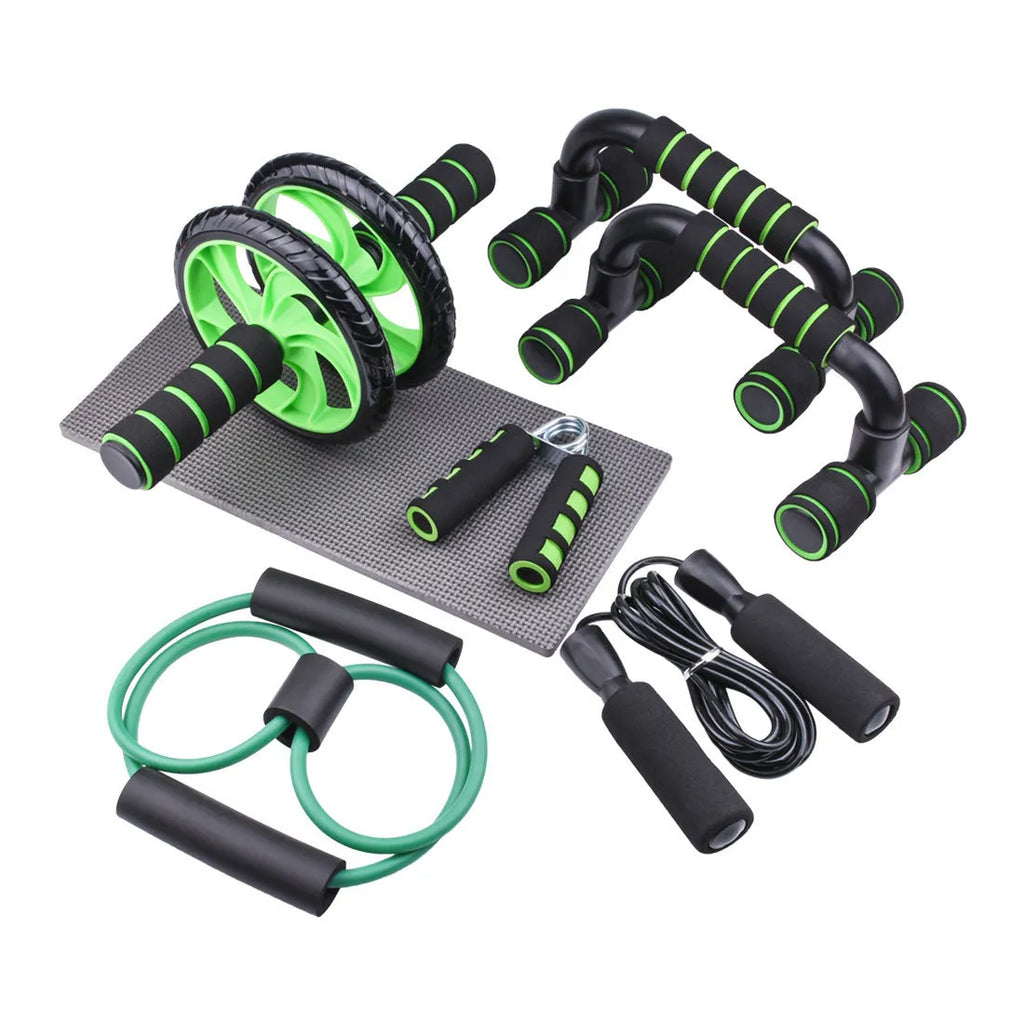 Set of seven abdominal wheels with push-up bracket in red, green, black, and blue colours for indoor fitness.
