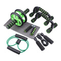 Set of seven abdominal wheels with push-up bracket in red, green, black, and blue colours for indoor fitness.