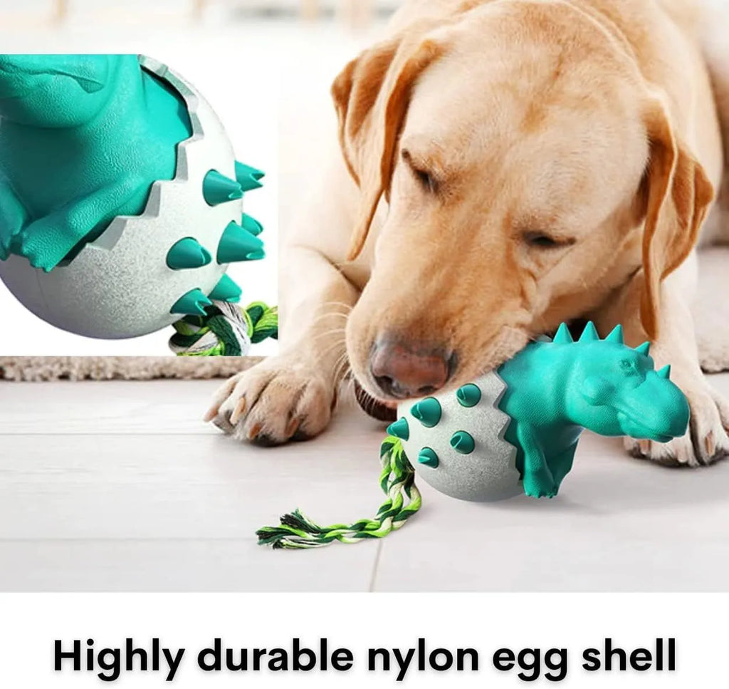 Blue durable dog chew toy with dinosaur design and attached rope for aggressive chewers.