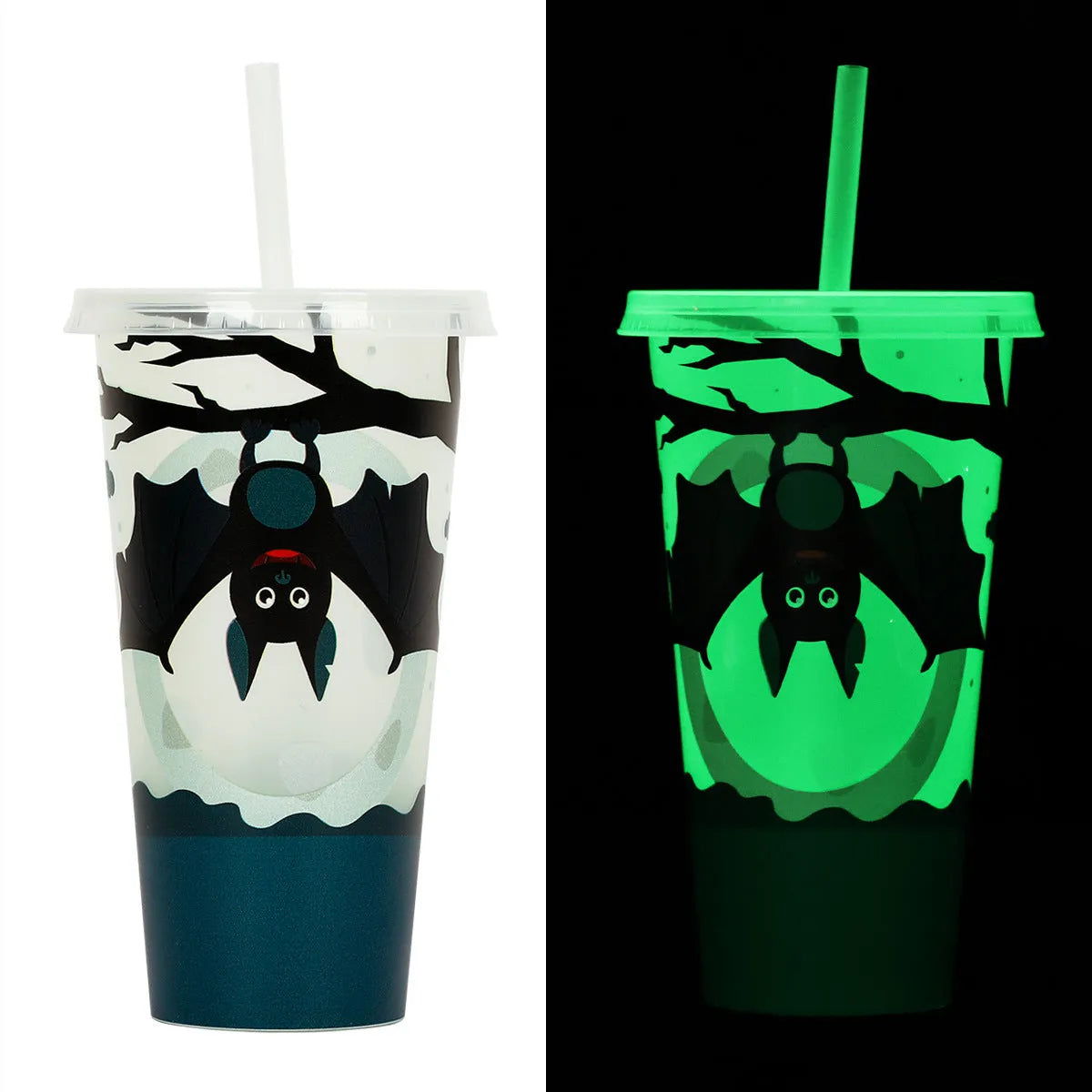 720ml Halloween plastic sippy cup with luminous straw showing cylindrical shape and six colour options