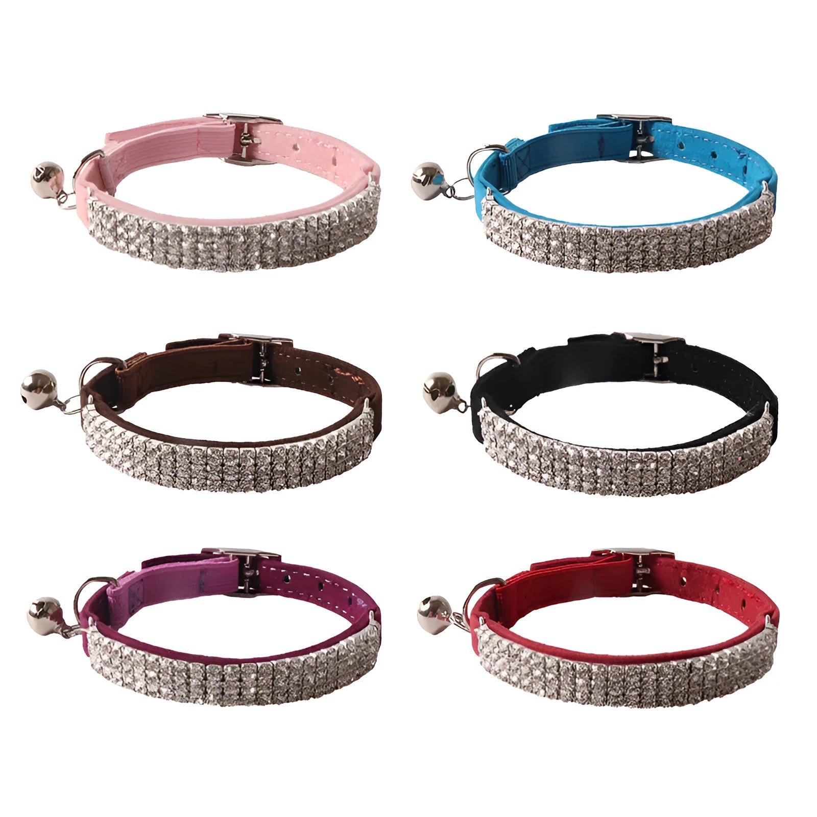 Soft flocking elastic buckle cat collar in multiple colours on a white background.