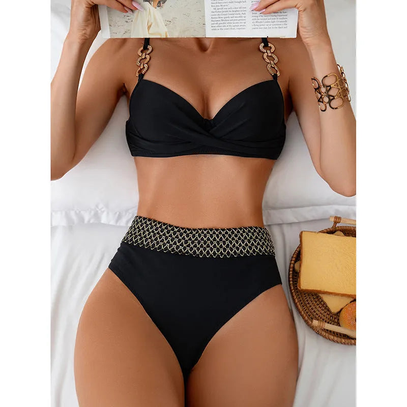 Black European and American style bikini swimsuit set with sleeveless top and briefs bottom