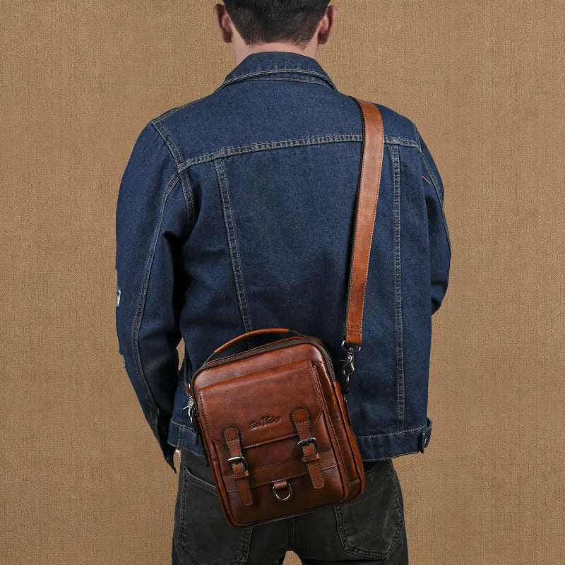 Genuine leather men's shoulder bag 8 inch light brown retro hand-rubbed crossbody commuter