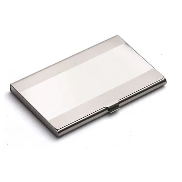 Geometric stainless steel business card case showing bevel, brushed, and mirror finish options.