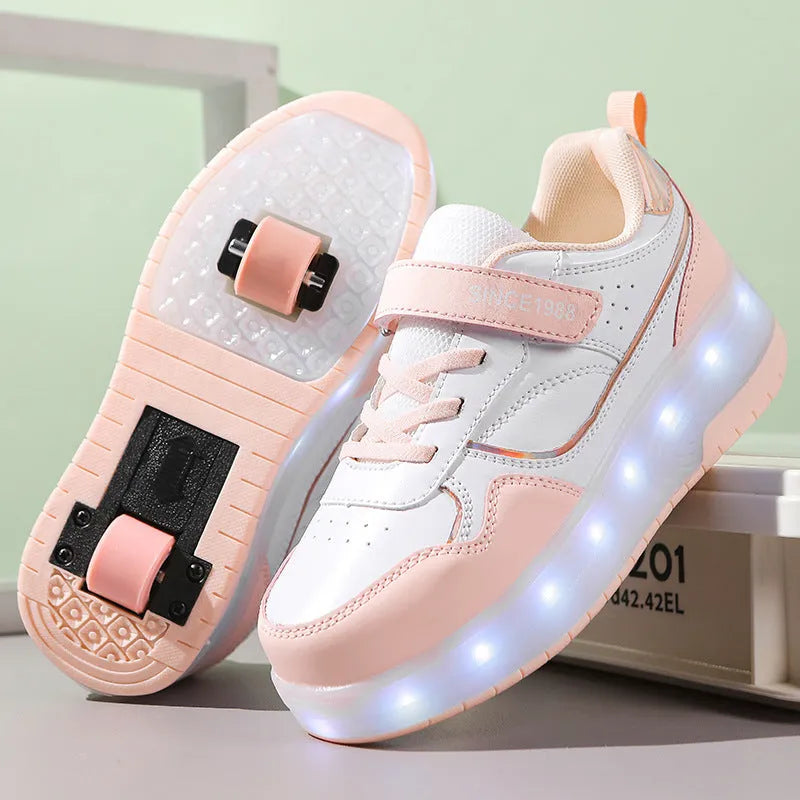 Child wearing charging flash rollerskates with illuminated LED wheels, showing pink and black colour options.