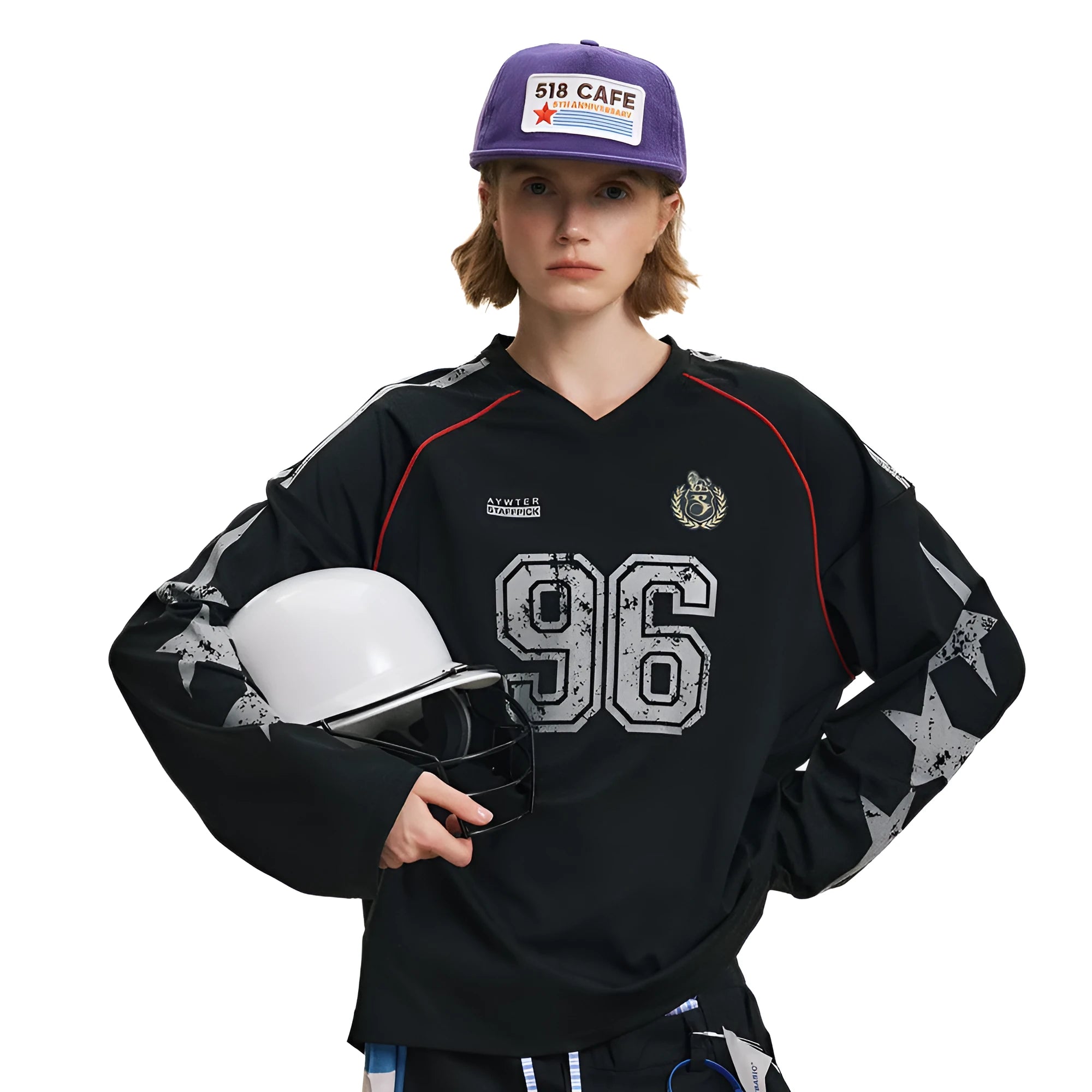 Cotton blend baseball style loose top for men and women in black, front view