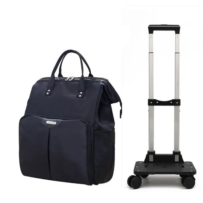 Folding Oxford cloth travel bag with soft handle and pull rod, shown in black, dark blue, wine red, purple, rose red and army green