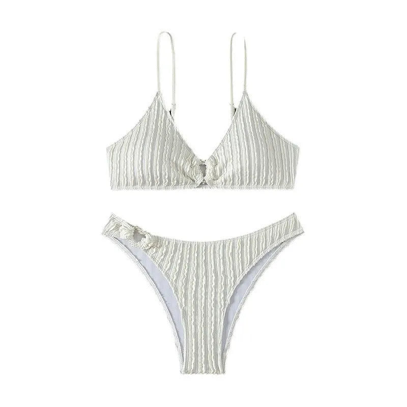 White women's V-neck beach split swimsuit with sleeveless design for swimming