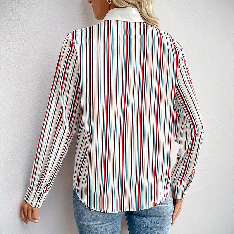Wine red striped lapel shirt for women with long sleeves and loose fit, full elastic force fabric