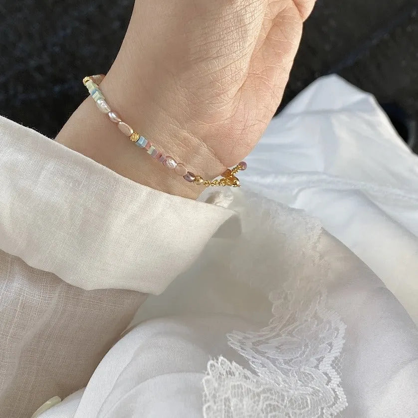 Purple freshwater pearl bracelet and matching necklace with 14k gold vermeil and silver accents