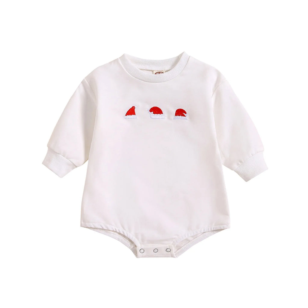 Baby Christmas cotton jumpsuit with printed hat, white or red, triangle style, sizes 60cm to 90cm