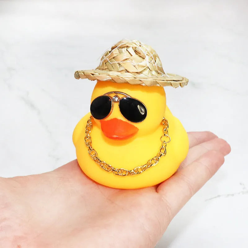 Cartoon straw hat yellow duck car decoration ornament with matte finish and sunglasses necklace