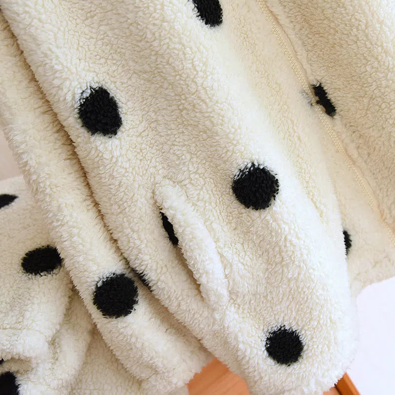 Women's fleece-lined thick casual suit in black and white, flannel two-piece set for winter and autumn