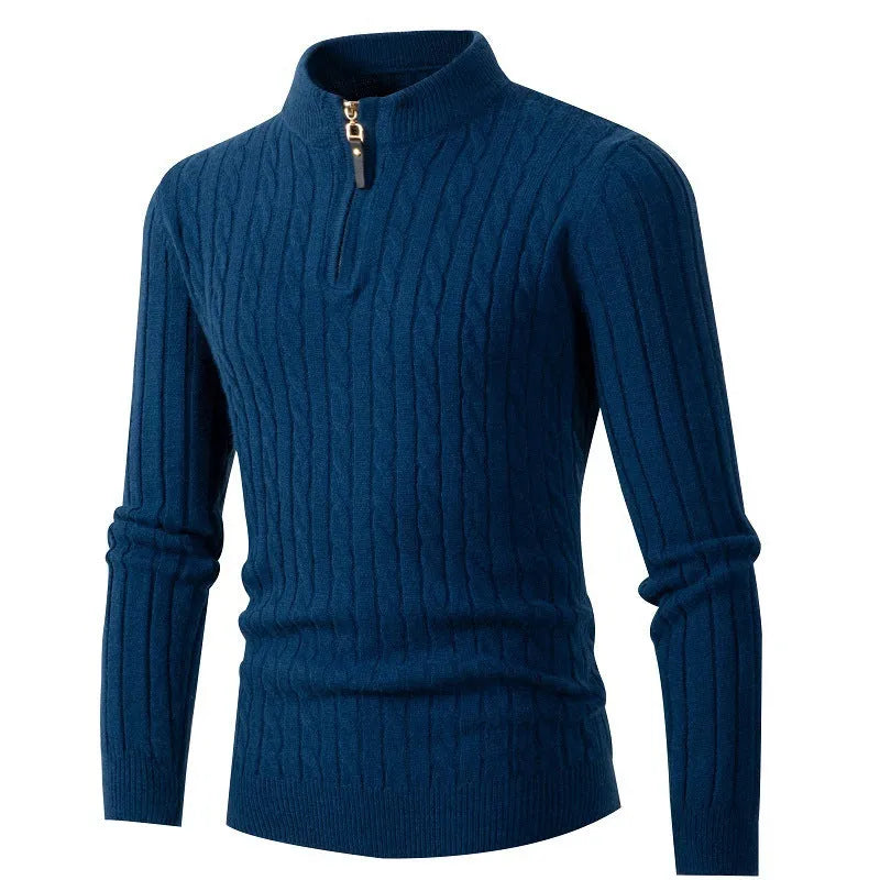 Men's thick twist gray sweater with zipper high collar jacquard knit cotton blend rabbit fur slim fit pullover