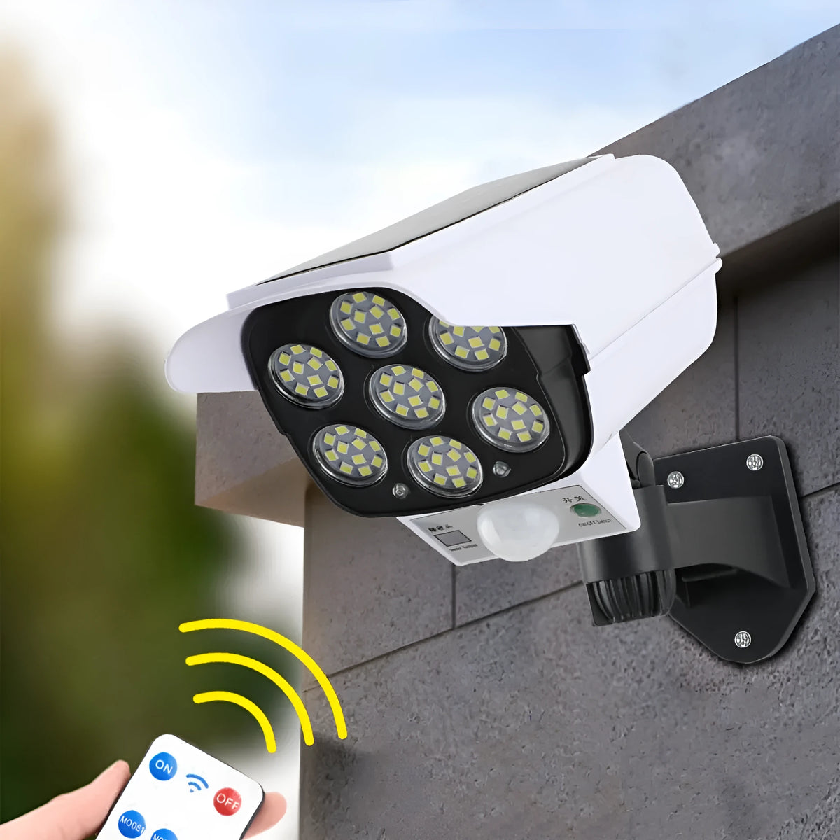 A modern, abstract-shaped solar-powered security light with LEDs, designed for outdoor wall mounting.