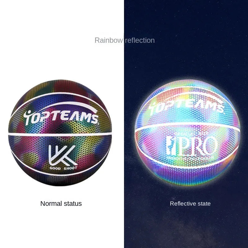 Creative fluorescent basketball size 7 with holographic luminous reflective PU surface in chroma colour