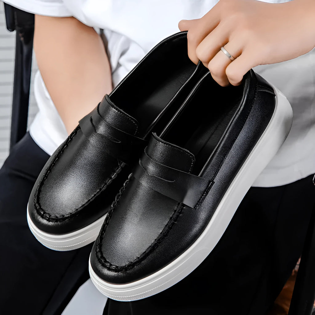 Men's round toe casual PU leather slip-on shoes in white, black and white, and khaki colours.