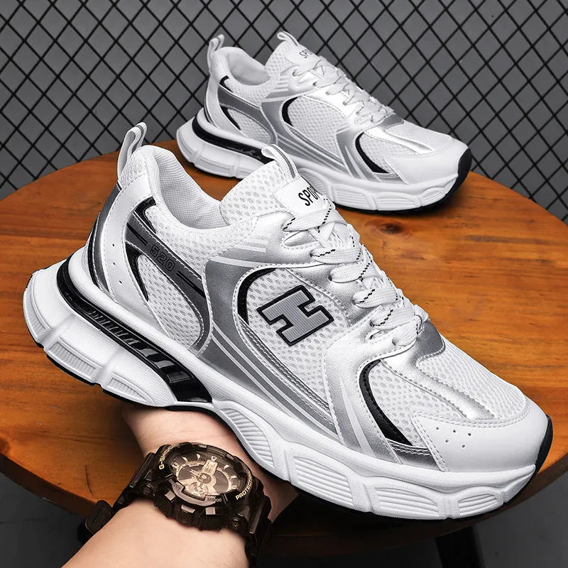 Men's black mesh running shoes with injection moulded plastic sole and round toe