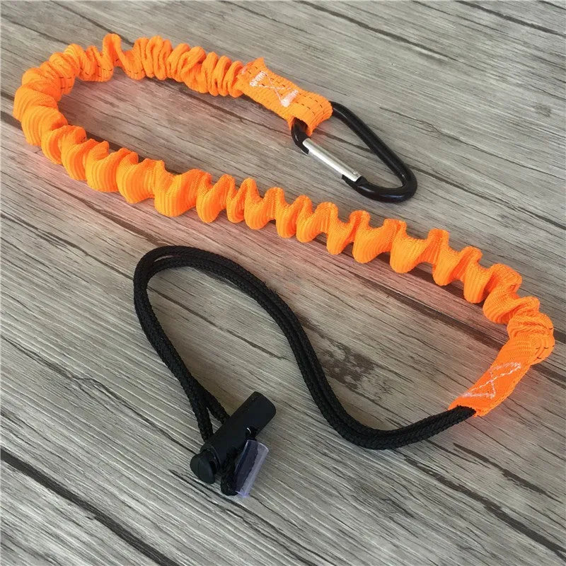 Orange coloured 90cm long elastic safety rope for connecting fishing rod sections to prevent separation.